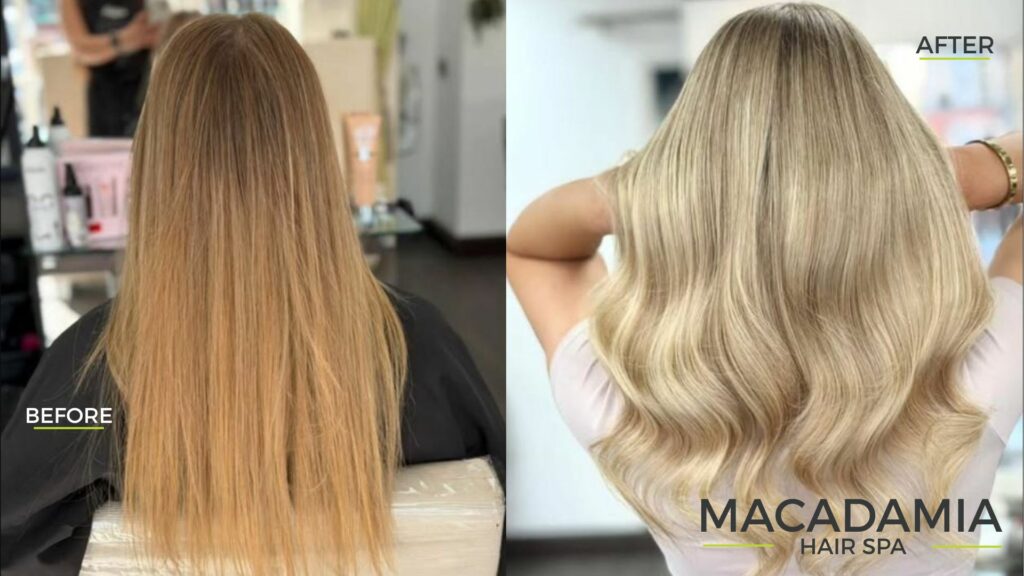 Side-by-side comparison of hair before and after a salon treatment; the left displays straight, lacklustre hair, whilst the right features styled, voluminous waves from our Real Client Transformations and Summer Hair Makeovers.