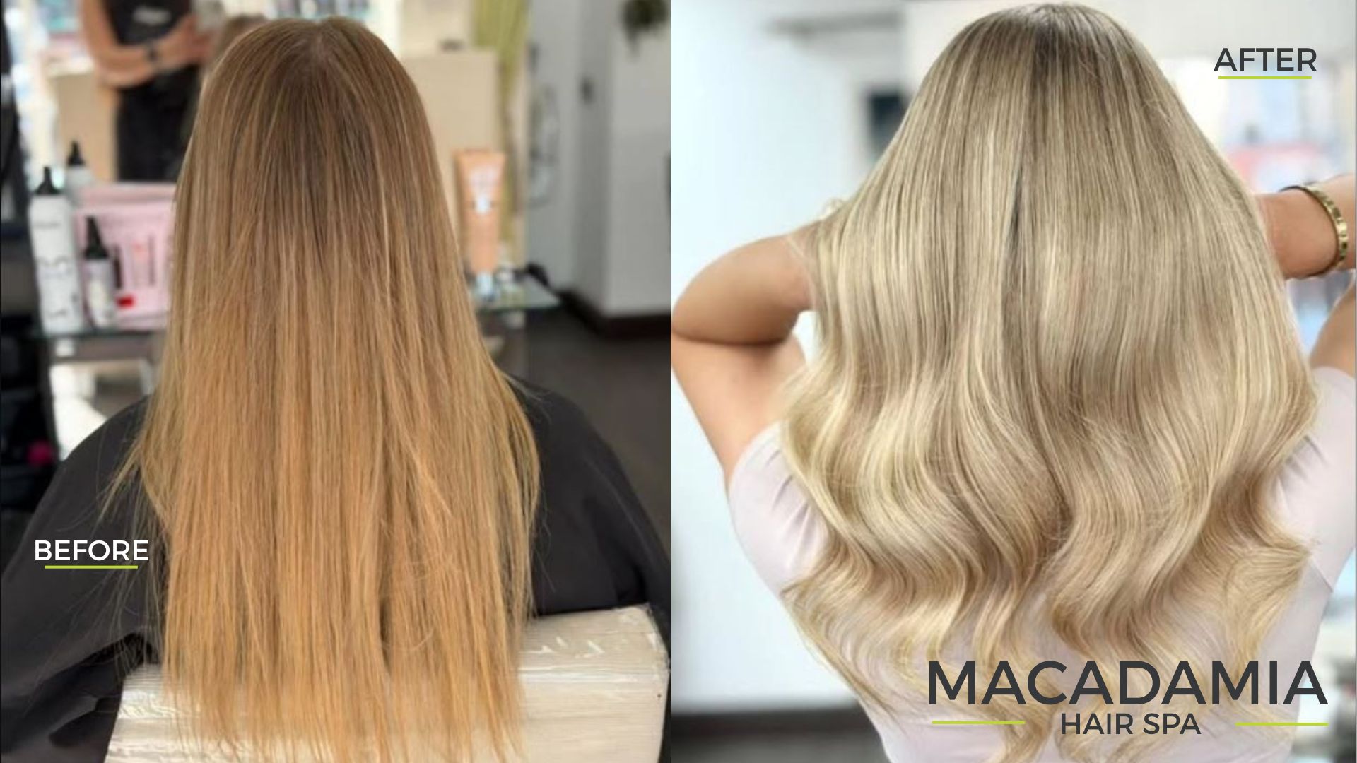 Side-by-side comparison of hair before and after a salon treatment; the left displays straight, lacklustre hair, whilst the right features styled, voluminous waves from our Real Client Transformations and Summer Hair Makeovers.