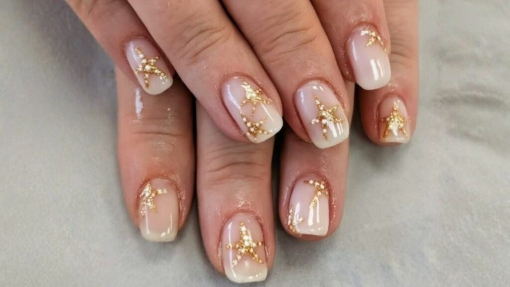 Close-up of hands with short, square-shaped nails showcasing a natural base and gold star nail art, accented with tiny pearls—ideal for summer and reflecting the latest nail trends.