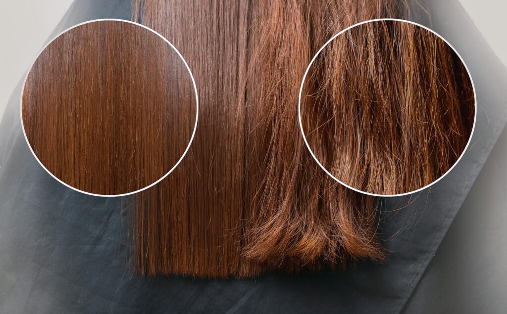 A close-up of brown hair split in two: the left side appears smooth and straight, while the right is dry and frizzy. Circular accents highlight the importance of post-holiday hair recovery and improving texture.