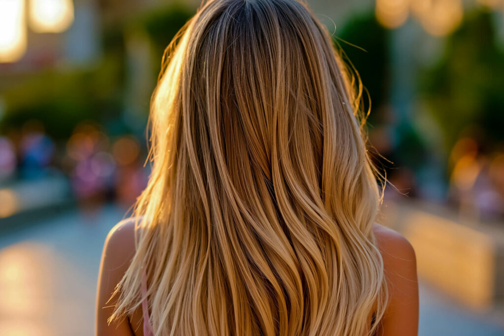 A person with long, straight, warm blonde hair is seen from behind, standing outside in a sunlit setting with blurred greenery and people—highlighting 2026 hair colour trends.
