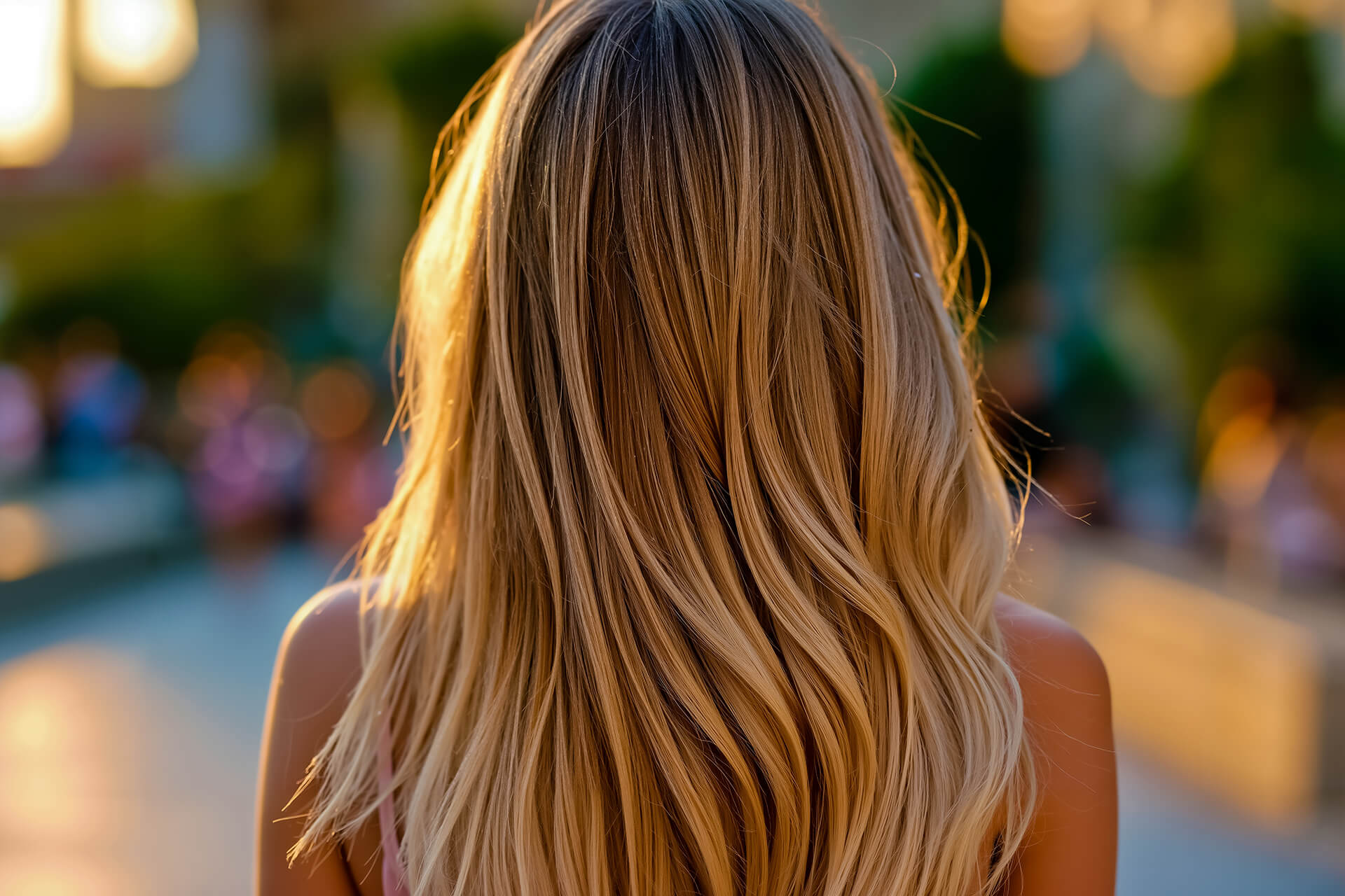 A person with long, straight, warm blonde hair is seen from behind, standing outside in a sunlit setting with blurred greenery and people—highlighting 2026 hair colour trends.